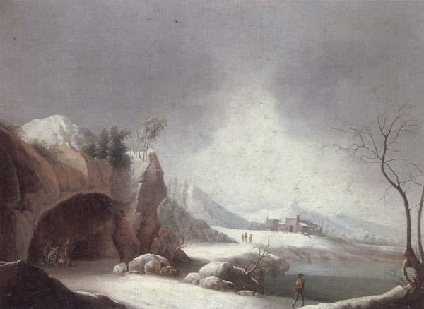 unknow artist A winter landscpae with travellers gathered aroubnd a fire in a grotto,overlooding a lake,a monastery beyond Sweden oil painting art